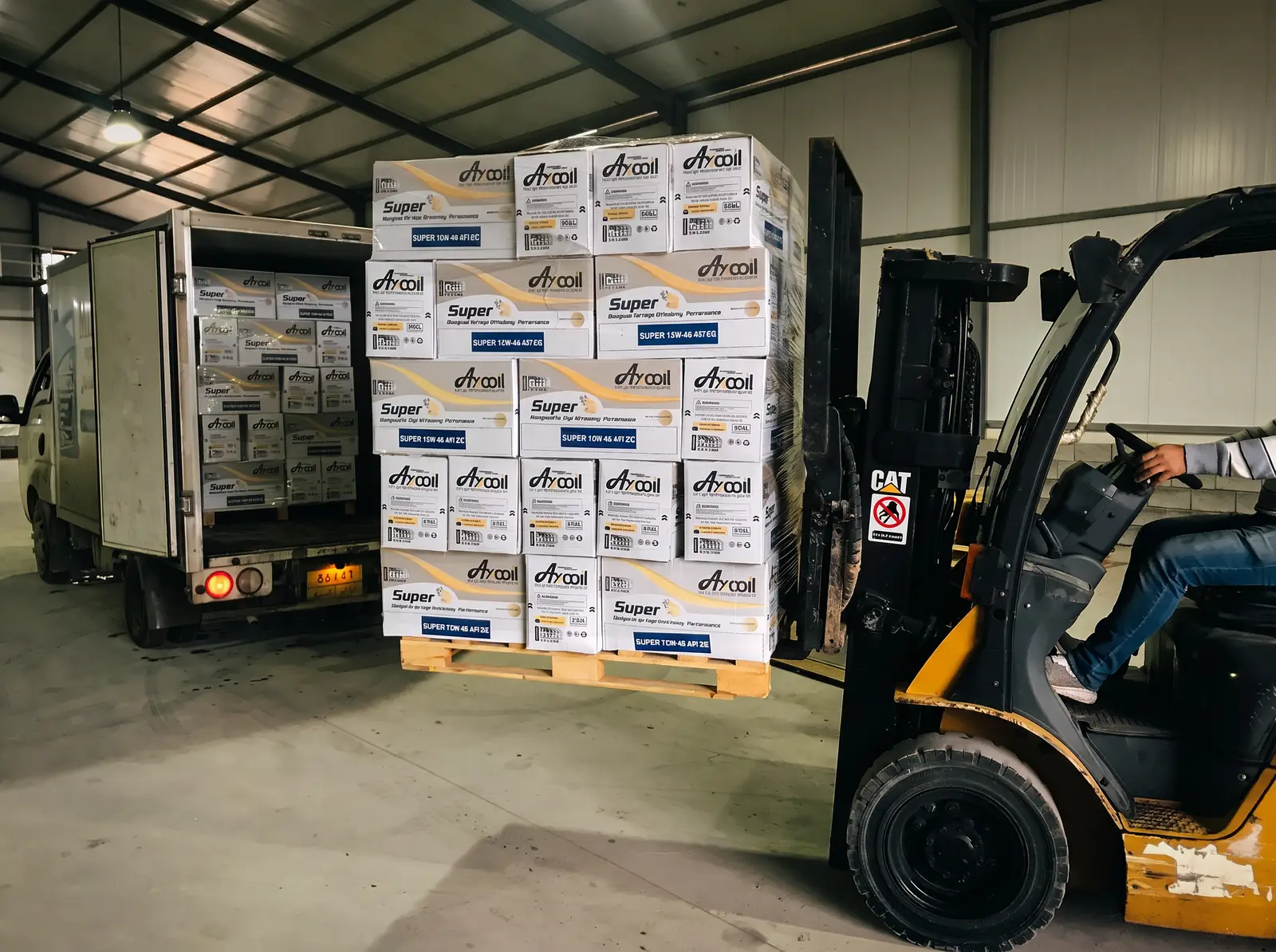 Palletized Axooil Super boxes ready for dispatch