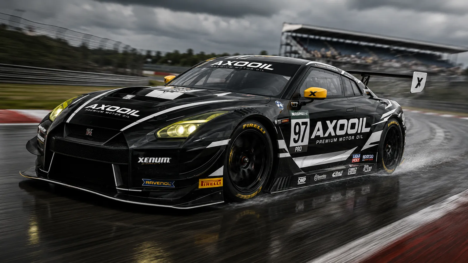 Axooil-liveried GT race car on a wet circuit